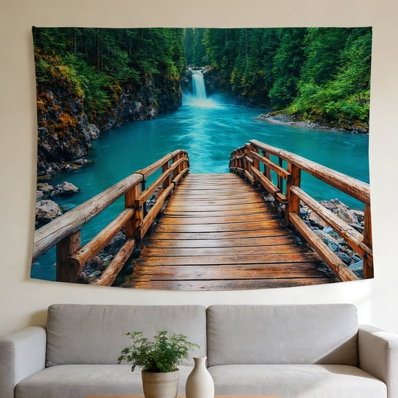 FLASHLUMI 40"×30" Wooden Bridge Waterfall Wall Tapestry, Green Forest River Landscape Wall Hanging for Bedroom Living Room Decor
