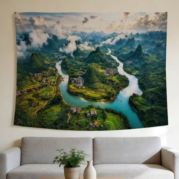 FLASHLUMI 40" x 30" Karst Mountain River Tapestry, Chinese Rice Terrace Landscape Wall Hanging for Bedroom Decor