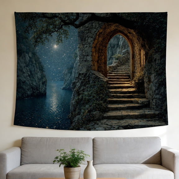 FLASHLUMI 40" x 30" Starry Night Stone Arch Tapestry, Coastal Fantasy Wall Hanging for Bedroom Decor