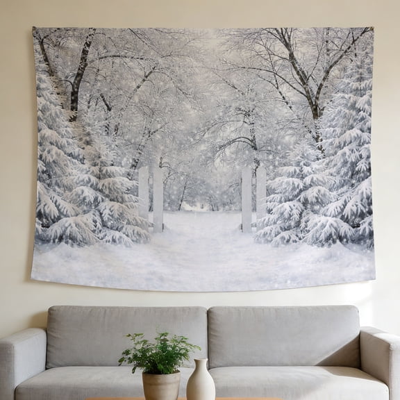 FLASHLUMI 40" x 30" Winter Snow Forest Tapestry, White Christmas Scenic Wall Hanging for Bedroom Decor