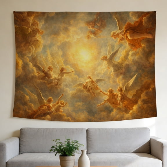 FLASHLUMI 40"x30" Angels in the Sky Tapestry, Renaissance Style Celestial Wall Hanging with Golden Clouds, Vintage Religious Aesthetic Tapestry for Bedroom Living Room Dorm Decor