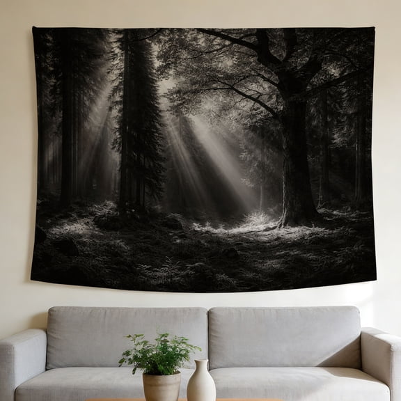 FLASHLUMI 40"x30" Black and White Forest Tapestry, Sunbeam Trees Wall Hanging, Dark Nature Woodland Wall Art for Bedroom Living Room Dorm Home Decor