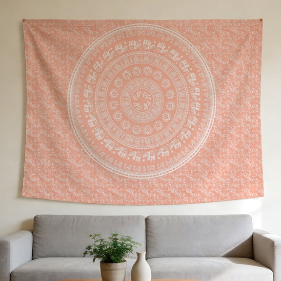 FLASHLUMI 40"x30" Boho Elephant Mandala Wall Tapestry, Coral Pink Background with White Elephant and Floral Mandala Print Wall Hanging for Bedroom Living Room Decor