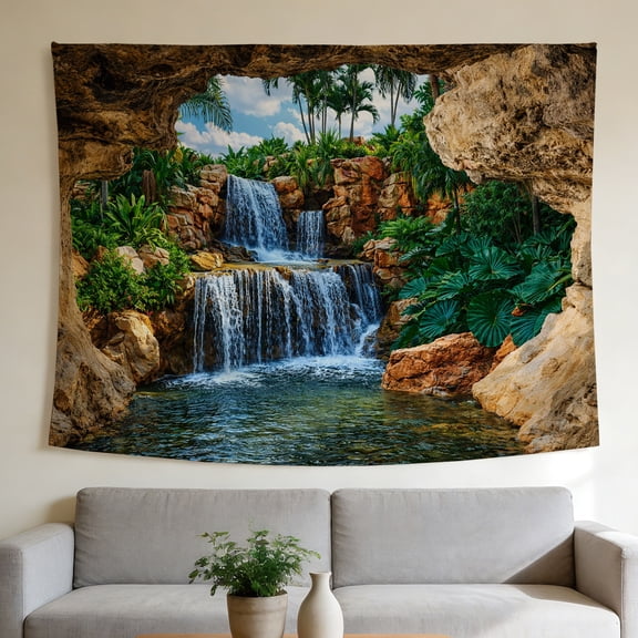 FLASHLUMI 40"x30" Cave View Waterfall Wall Tapestry, Tropical Jungle Waterfall with Palm Trees Print Wall Hanging for Bedroom Living Room Decor
