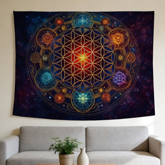 FLASHLUMI 40"x30" Cosmic Sacred Geometry Wall Tapestry, Flower of Life Pattern on Galaxy Background Print Wall Hanging for Bedroom Living Room Decor