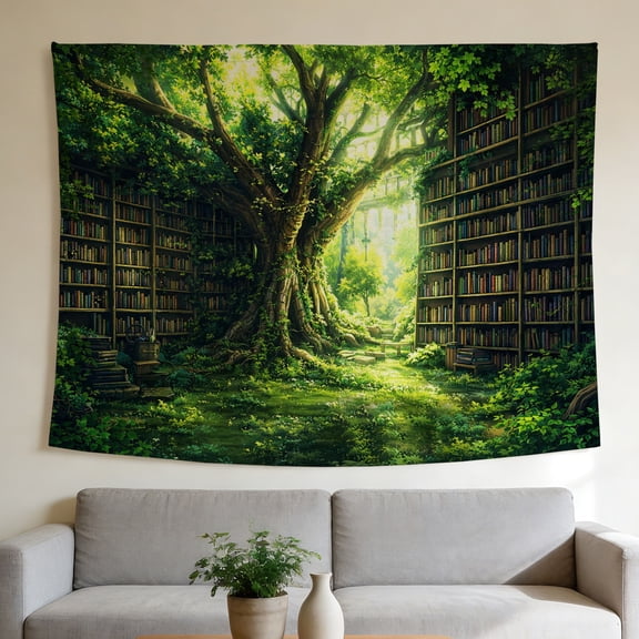 FLASHLUMI 40"x30" Enchanted Forest Library Wall Tapestry, Magical Tree Library with Bookshelves and Lush Greenery Print Wall Hanging for Bedroom Living Room Decor