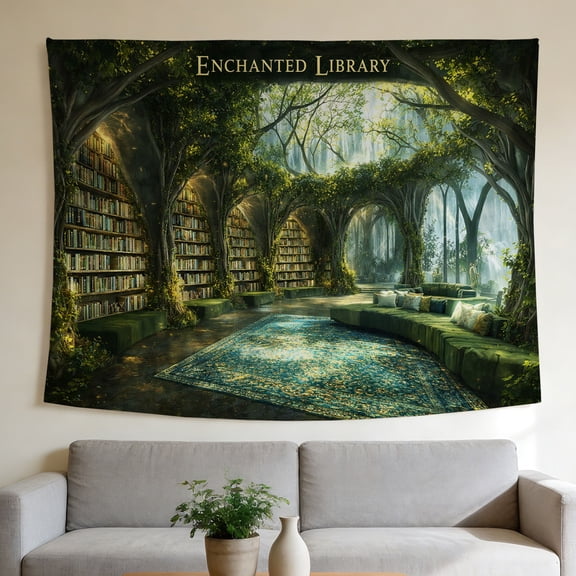 FLASHLUMI 40"x30" Enchanted Library Wall Tapestry, Magical Forest Library with Tree Arches and Glowing Light Print Wall Hanging for Bedroom Living Room Decor