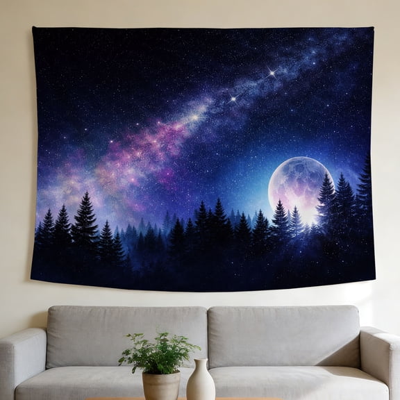 FLASHLUMI 40"x30" Galaxy Forest Tapestry, Night Sky with Moon, Stars and Pine Trees Aesthetic Wall Hanging for Bedroom Decor