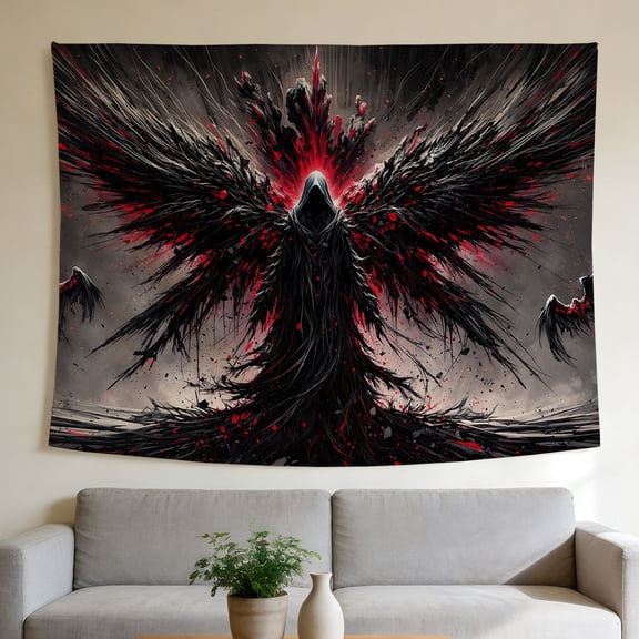 FLASHLUMI 40"x30" Gothic Winged Figure Wall Tapestry, Mysterious Hooded Art with Abstract Wings Print Wall Hanging for Bedroom Living Room Decor