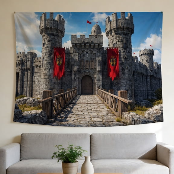 FLASHLUMI 40"x30" Medieval Castle Wall Tapestry, Fantasy Stone Castle with Red Banner Print Wall Hanging for Bedroom Living Room Dorm Decor