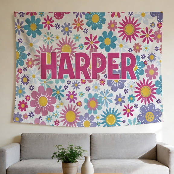 FLASHLUMI 40"x30" Personalized Name Flower Wall Tapestry, Custom "HARPER" Name with Colorful Floral Pattern Print Wall Hanging for Bedroom Living Room Decor