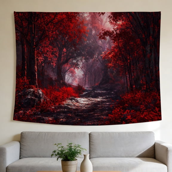 FLASHLUMI 40"x30" Red Forest Path Wall Tapestry, Dark Red Autumn Forest with Pathway and Trees Print Wall Hanging for Bedroom Living Room Decor