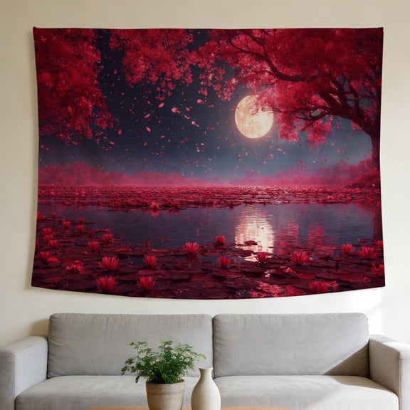 FLASHLUMI 40"x30" Red Moonlight Lake Wall Tapestry, Red Lotus Lake with Full Moon & Cherry Blossom Trees Print Wall Hanging for Bedroom Living Room Decor