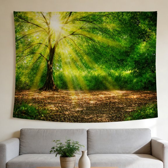 FLASHLUMI 40"x30" Sunlit Forest Tree Wall Tapestry, Large Green Tree with Sunlight Rays Print Wall Hanging for Bedroom Living Room Decor