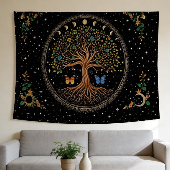 FLASHLUMI 40"x30" Tree of Life Tapestry, Moon Phase & Starry Sky Wall Hanging with Butterflies, Boho Celestial Aesthetic Tapestry for Bedroom Living Room Dorm Decor