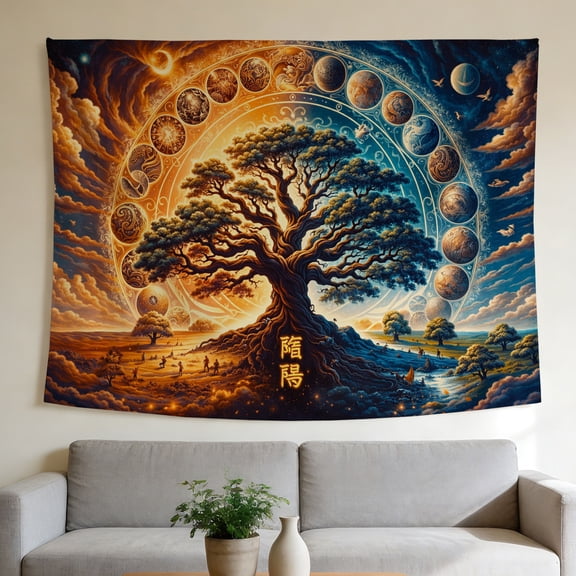 FLASHLUMI 40"x30" Tree of Life Yin Yang Tapestry, Sun Moon Cosmic Wall Hanging, Mystic Nature Landscape Wall Art for Bedroom Living Room Dorm Home Decor
