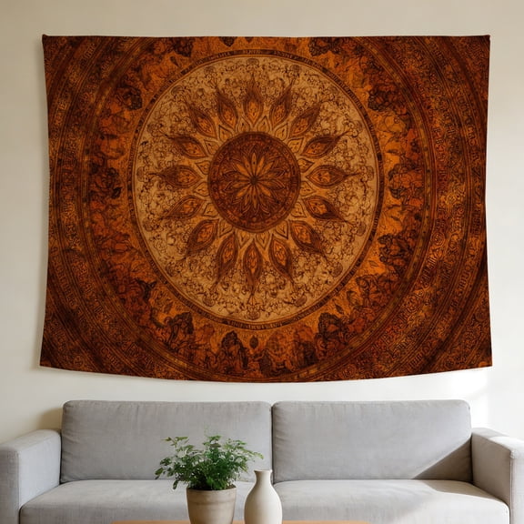 FLASHLUMI 40"x30" Vintage Floral Mandala Wall Tapestry, Antique Brown and Beige Mandala Print with Ornate Floral Patterns Wall Hanging for Bedroom Living Room Decor