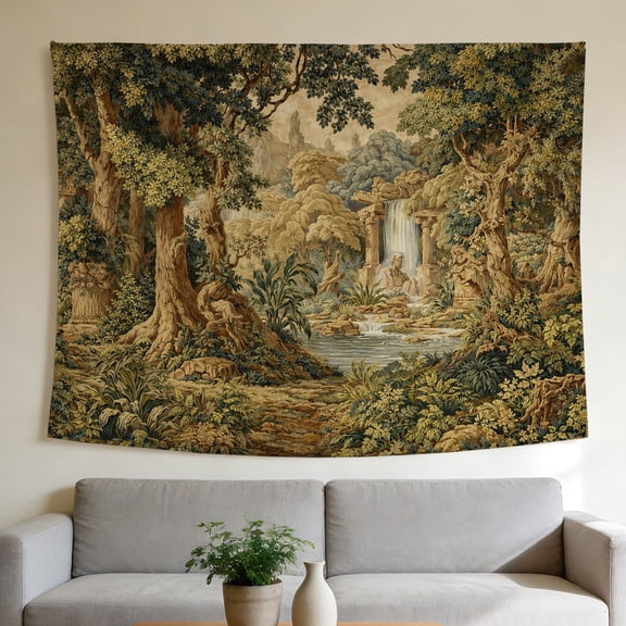 FLASHLUMI 40"x30" Vintage Forest Waterfall Wall Tapestry, Antique Tapestry Style Landscape with Lush Trees, Waterfall and Stone Fountain Print Wall Hanging for Bedroom Living Room Decor