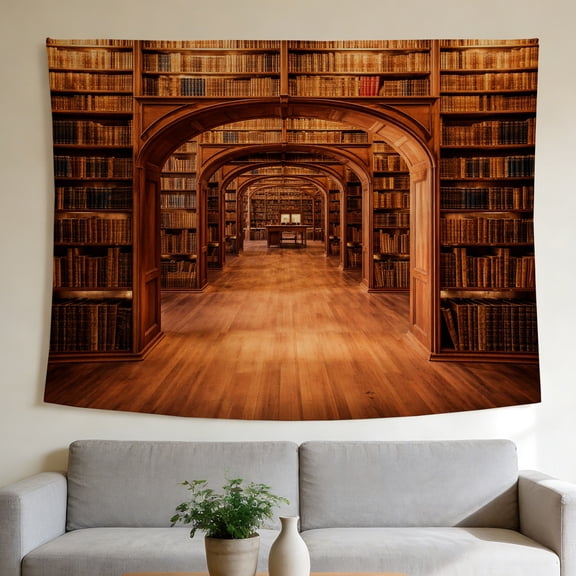 FLASHLUMI 40"x30" Vintage Library Bookshelf Wall Tapestry, Old Wood Library with Tall Bookshelves Print Wall Hanging for Bedroom Living Room Decor