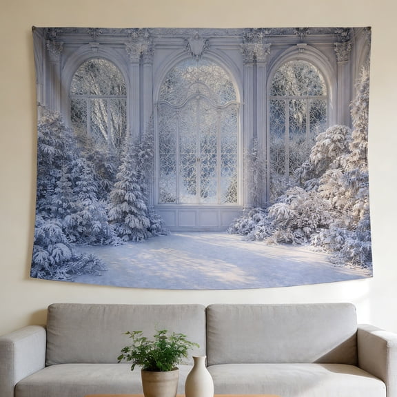 FLASHLUMI 40"x30" Winter Palace Tapestry, Ornate Window Snowy Wall Hanging, Frozen White Garden Wall Art for Bedroom Living Room Dorm Home Decor