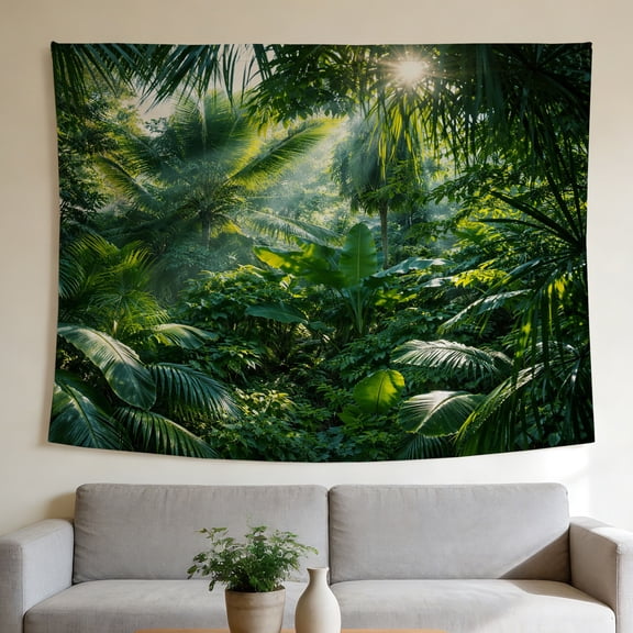 FLASHLUMI 60"×40" Rainforest Tapestry Wall Hanging, Green Tropical Palm Leaf Nature Landscape Wall Art for Bedroom Aesthetic Home Decor