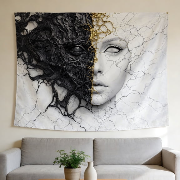 FLASHLUMI 60"×50" Tapestry, Modern Abstract Face Tapestry, Black White and Gold Marble Wall Art for Bedroom Living Room, 6 Sizes for All Rooms
