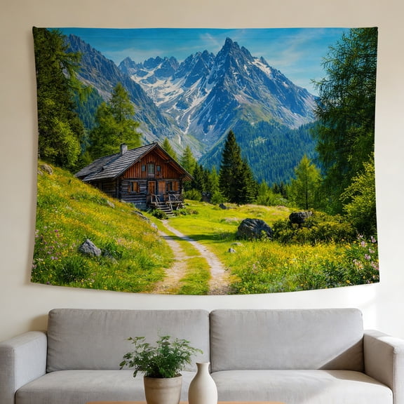 FLASHLUMI 60"×50" Tapestry, Rustic Mountain Cabin Tapestry, Cozy Wooden Chalet in Lush Alpine Meadow with Pine Trees Wall Art for Aesthetic Room, Dorm and Cottagecore Decor
