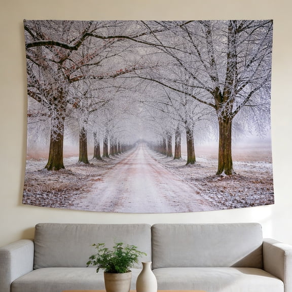 FLASHLUMI 60"×50" Tapestry, Winter Frost Tree Avenue Tapestry, Snowy Forest Road Landscape Wall Hanging for Bedroom Living Room