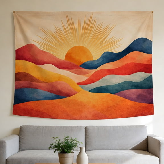 FLASHLUMI 60"x40" Boho Sun Mountain Tapestry, Abstract Sunset Wall Hanging, Retro Colorful Landscape Wall Art for Bedroom Living Room Dorm Home Decor