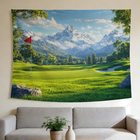 FLASHLUMI 60"x40" Mountain Golf Course Wall Tapestry, Green Golf Course with Snow-Capped Mountain View Print Wall Hanging for Home Dorm Bedroom Living Room