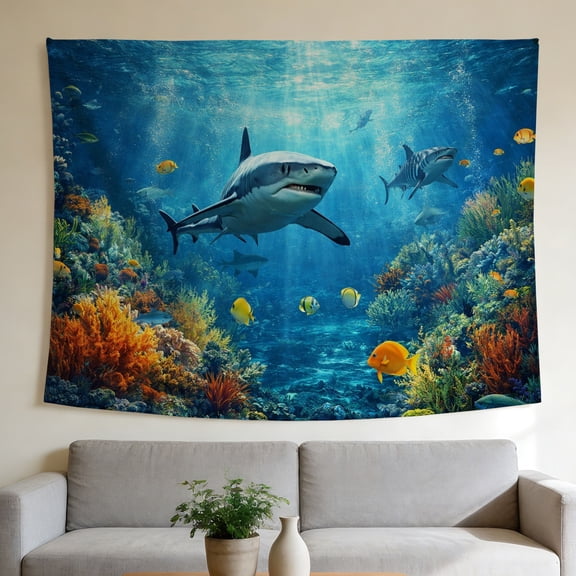 FLASHLUMI 60"x50" Coral Reef Shark Tapestry, Colorful Underwater World with Sharks, Fish and Coral Landscape Wall Hanging for Bedroom Living Room Decor