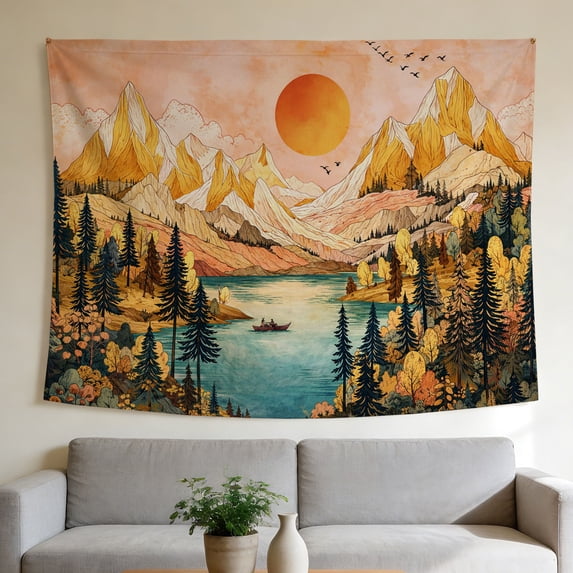 FLASHLUMI 60"x50" Warm Tone Mountain Tapestry, Illustrated Landscape with Golden Peaks, Lake and Autumn Trees Landscape Wall Hanging for Bedroom Living Room Decor