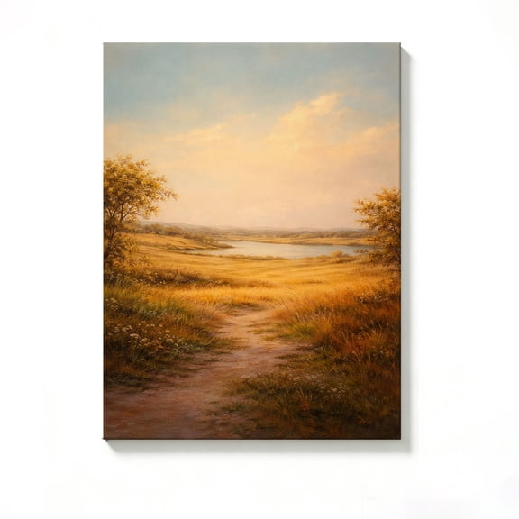 FLASHLUMI 8x12 Inch Golden Countryside Lake Path Oil Painting Canvas Wall Art, Warm Rustic Nature Decor for Living Room Bedroom