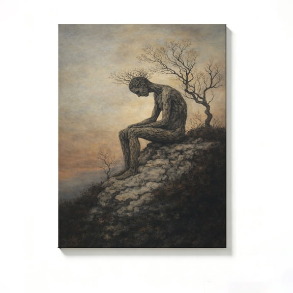 FLASHLUMI 8x12 Inch Tree-Man Surreal Thought-Provoking Oil Painting Canvas Wall Art, Mystical Dark Art Decor for Living Room Bedroom