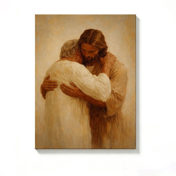 FLASHLUMI 8x12 Inch Jesus Hugging Elderly Man Religious Oil Painting Canvas Wall Art, Christian Faith Home Decor for Living Room Bedroom, No Frame