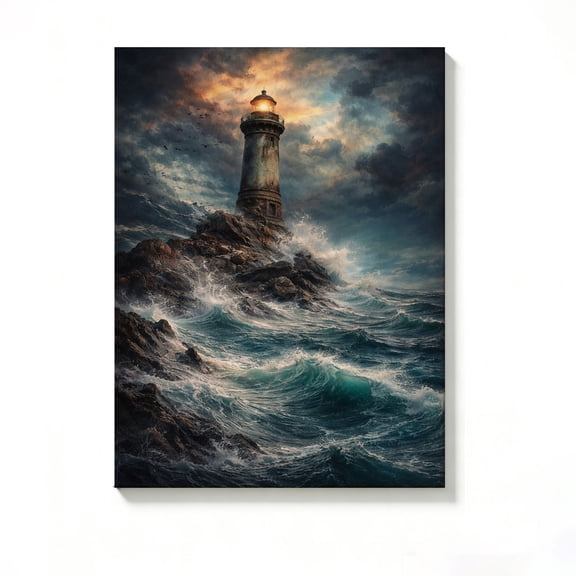 FLASHLUMI 8x12 Inch Vintage Stormy Sea Lighthouse Oil Painting Canvas Wall Art, Nautical Coastal Nature Home Decor for Living Room Bedroom