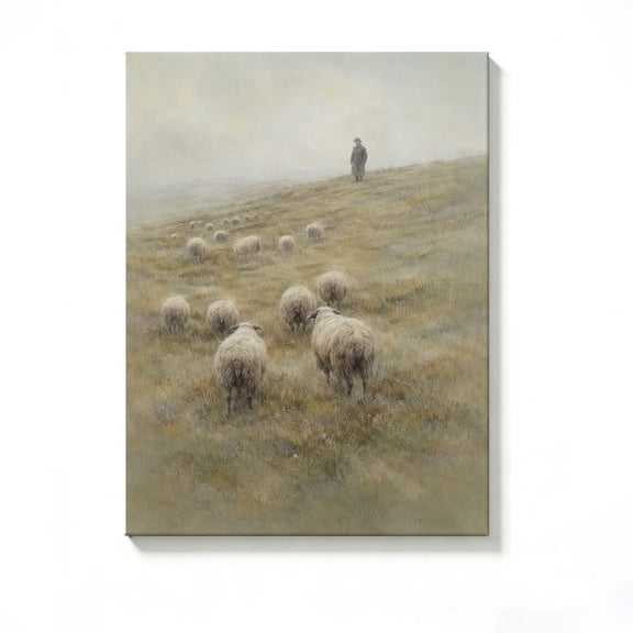 FLASHLUMI 8x12 Inch Vintage Shepherd & Sheep on Misty Hillside Watercolor Painting Canvas Wall Art, Rustic Countryside Decor for Living Room Bedroom