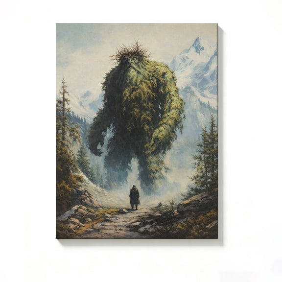 FLASHLUMI 8x12 Inch Mountain Forest Giant Creature & Traveler Fantasy Oil Painting Canvas Wall Art, Mythical Adventure Decor for Living Room Bedroom