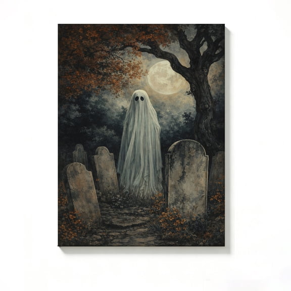 FLASHLUMI 8x12 Inch Ghost in Graveyard at Night Canvas Wall Art, Spooky Halloween Decor for Living Room Bedroom