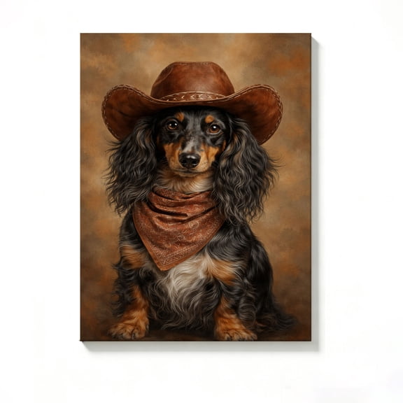 FLASHLUMI 8x12 Inch Cowboy Long-Haired Dachshund Portrait Oil Painting Canvas Wall Art, Cute Western Dog Decor for Living Room Bedroom