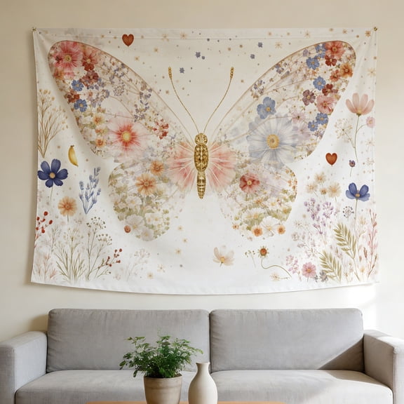 FLASHLUMI 80"×60" Tapestry, Boho Floral Butterfly Tapestry, Decorative Wall Hanging for Bedroom Living Room Office Home Decor