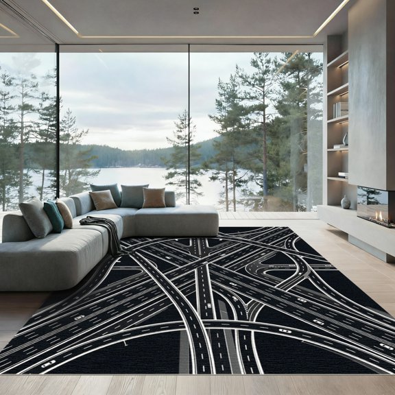 ODIKA 5' x 7' Machine Washable Non-Slip Area Rug, abstract geometric High Traffic Rug, Black, 1296031