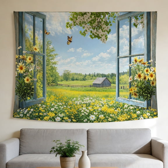 FLASHLUMI 80"×60" Tapestry, Spring Window View Tapestry, Decorative Wall Hanging for Bedroom Living Room Office Home Decor