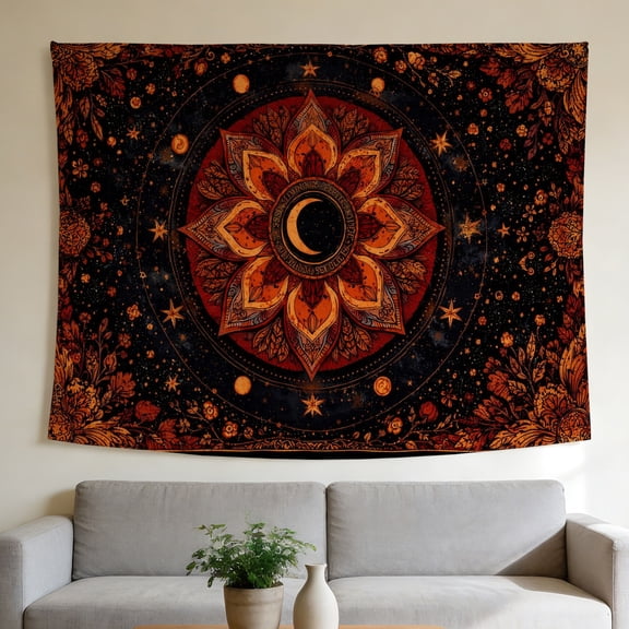 FLASHLUMI 80"x60" Large Boho Moon Mandala Wall Tapestry, Celestial Moon Mandala with Floral and Star Print on Dark Background Wall Hanging for Bedroom Living Room Background