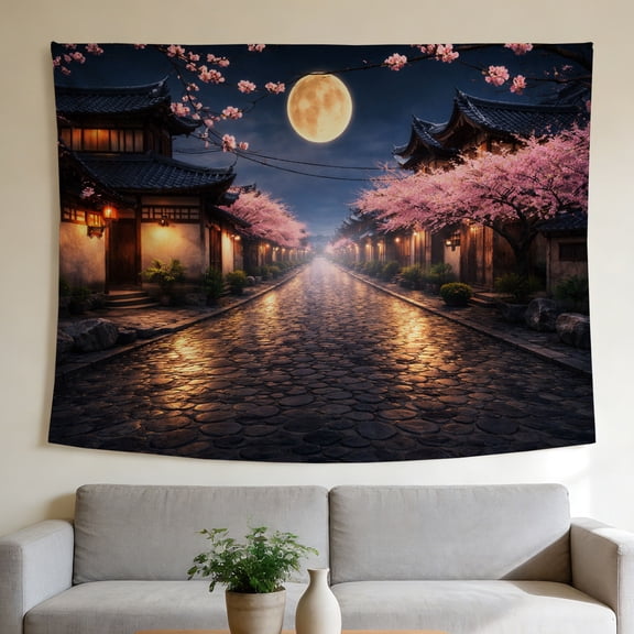 FLASHLUMI 80"x60" Large Japanese Town Wall Tapestry, Cherry Blossom Street with Full Moon Print Wall Hanging for Bedroom Living Room Background