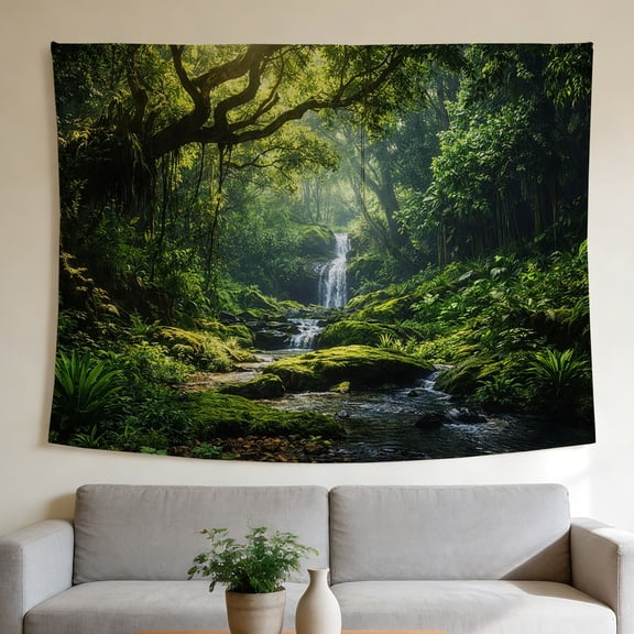 FLASHLUMI 80"x60" Rainforest Waterfall Tapestry, Green Forest Nature Wall Hanging for Bedroom Decor