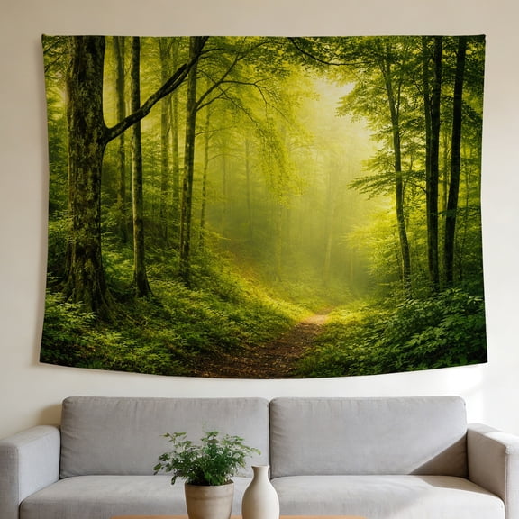 FLASHLUMI 90×60" Large Lush Forest Tapestry, Calm Woodland Scene with Sunlight Filtering Through Green Trees and Dense Foliage Print Wall Hanging for Home Dorm Bedroom Living Room