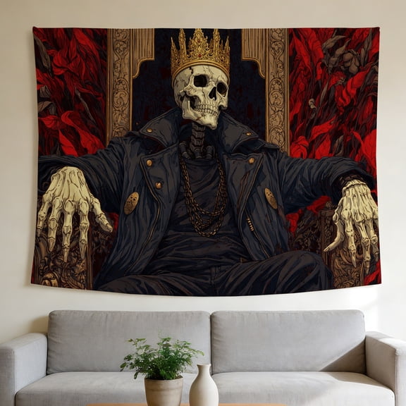 FLASHLUMI 90"×60" Tapestry, Skeleton King Tapestry, Gothic Royal Skull Wall Hanging with Red and Black Aesthetic, Vintage Fantasy Fabric Wall Art for Bedroom Living Room