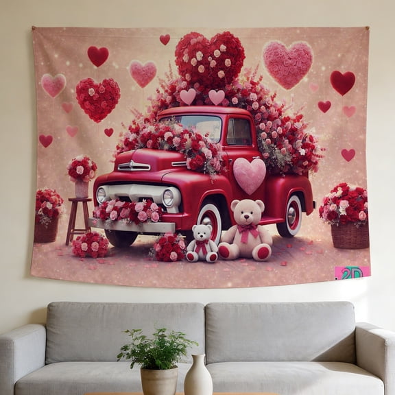 FLASHLUMI 90"×60" Tapestry, Valentine's Day Red Truck Tapestry, Romantic Rose Heart Teddy Bear Wall Hanging for Bedroom