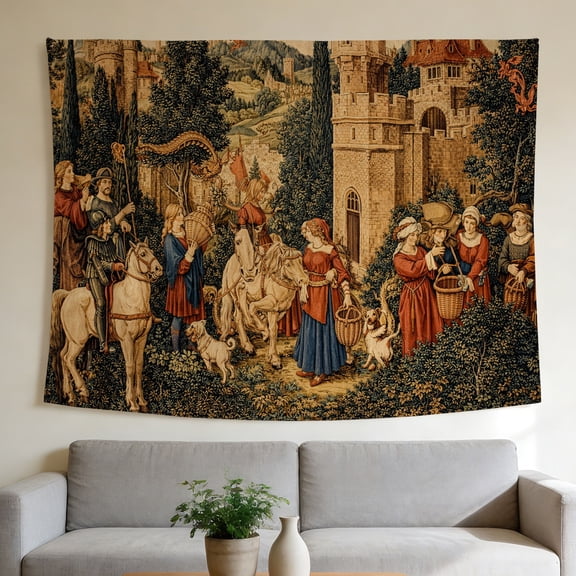 FLASHLUMI 90"×70" Tapestry, Medieval Tapestry Wall Hanging, Renaissance Castle Scene with Knights and Ladies, Vintage Aesthetic Tapestry for Bedroom Living Room Home Decor